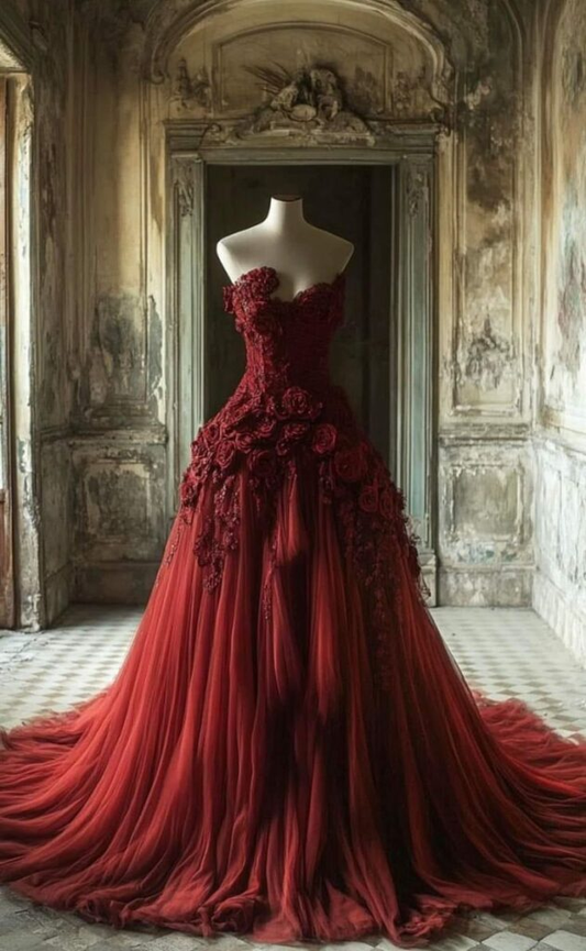 Elegante vestido de noche largo formal con apliques de tul burdeos y flores rosas 3D Y8375