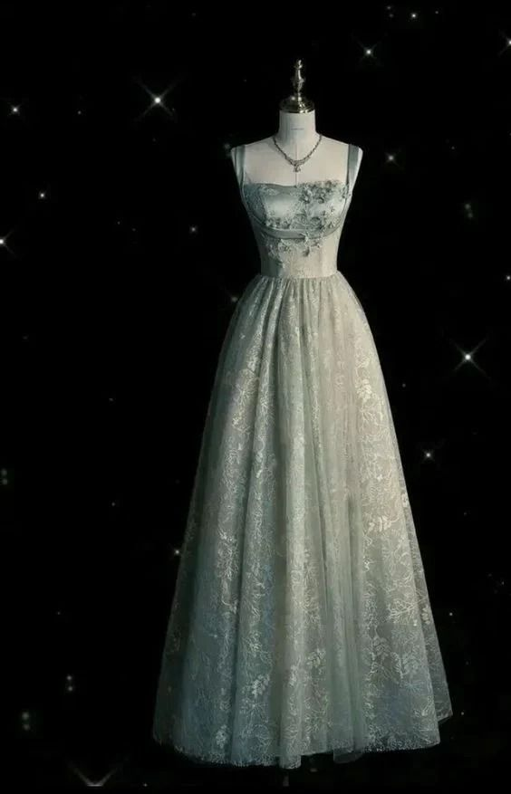 Charmantes Salbeigrünes langes Tüll-Spitzen-Ballkleid A-Linie Party-Abendkleid Y7544