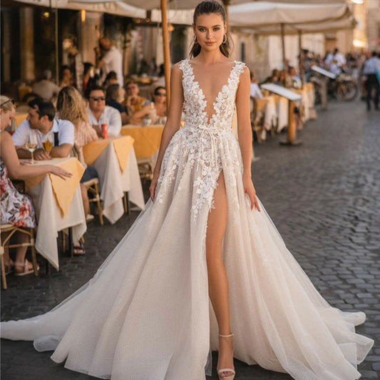 Boho Wedding Dresses For Dress Elegant A-Line Sleeveless 3D Appliqued Bride Gown Side Split Sexy Backless Dress-payinti