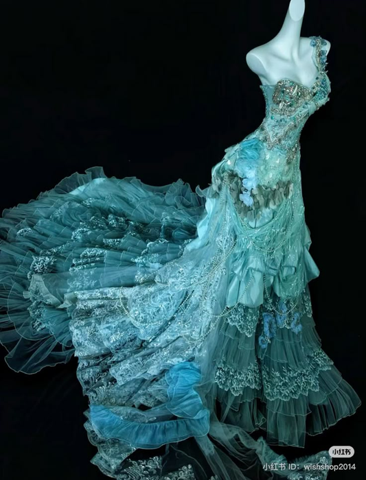 Vestido de fiesta largo de noche con capas de tul y encaje de un solo hombro Y8492