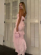 Vestido de noche con volantes de gasa rosa, encantador, con capas y corte sirena, para fiesta de graduación Y8006