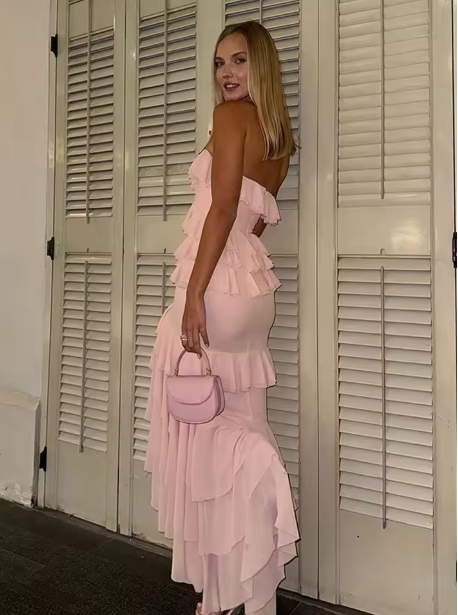 Vestido de noche con volantes de gasa rosa, encantador, con capas y corte sirena, para fiesta de graduación Y8006