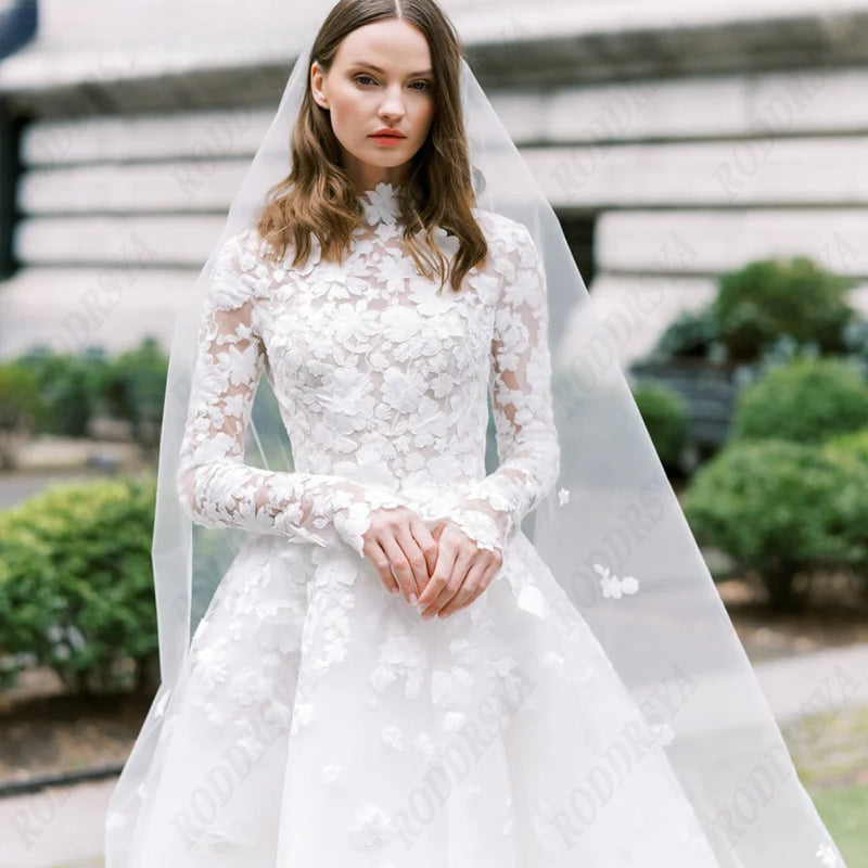 Princess Long Sleeve Wedding Dress For Women Romantic Lace High Neck Bride Party Gorgeous Applique Boho Bridal Gown-payinti