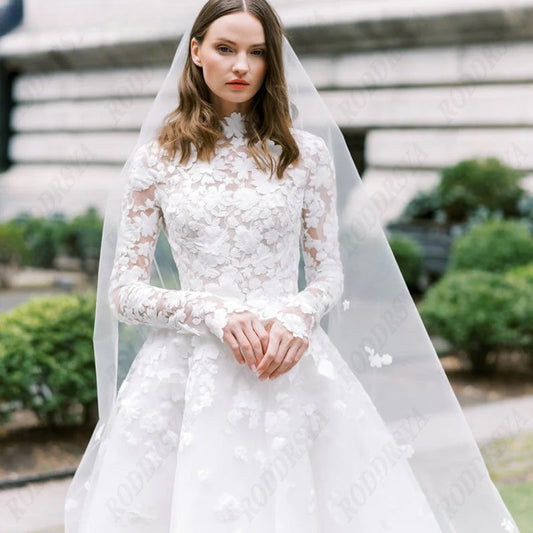 Princess Long Sleeve Wedding Dress For Women Romantic Lace High Neck Bride Party Gorgeous Applique Boho Bridal Gown-payinti