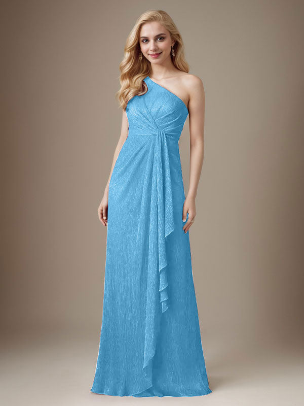 Vestido de madre de la novia con un solo hombro de malla metálica y corte rubí