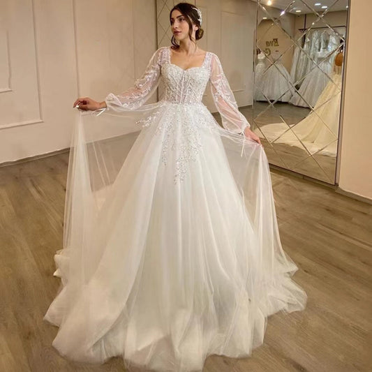 White Wedding Dresses Sweetheart Shiny Appliques Grace Bridal Gowns 2023 Puff Sleeve Tulle A-Line Princess Robe De Marié-payinti