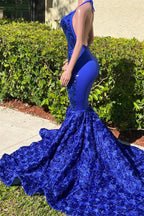 Vestido de fiesta de sirena con escote en V, halter y espalda abierta en azul real