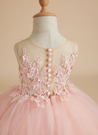 Vestido de princesa de tul sin mangas con apliques de encaje y cola larga para niñas