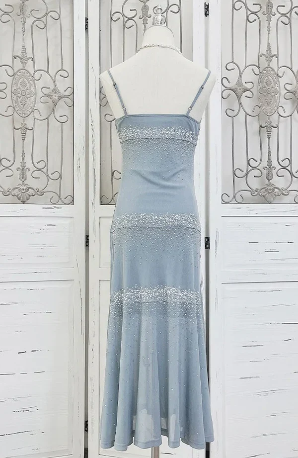 Vestido de fiesta elegante de gasa azul con tirantes finos y cuentas, vestido de noche Y8248