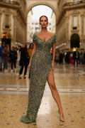 Vestido de fiesta de sirena con escote en V, hombros descubiertos, abertura alta y lentejuelas