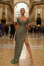 Vestido de fiesta de sirena con escote en V, hombros descubiertos, abertura alta y lentejuelas