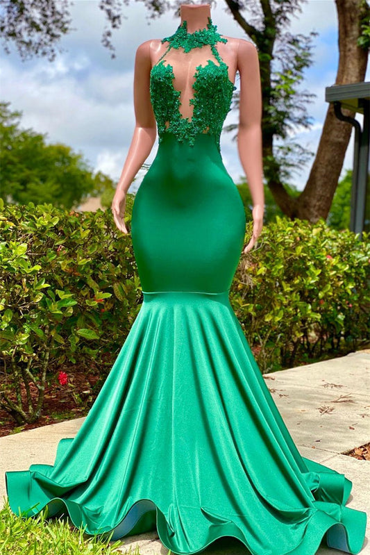 Ärmelloses Meerjungfrau-Ballkleid mit offenem Rücken und eleganten Applikationen