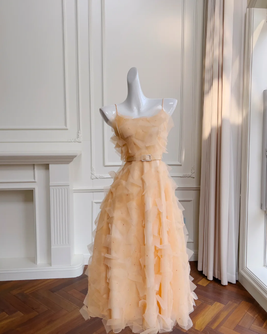 Vestido elegante de fiesta naranja con tirantes finos de tul, corte A, vestido de noche de graduación midi Y8573