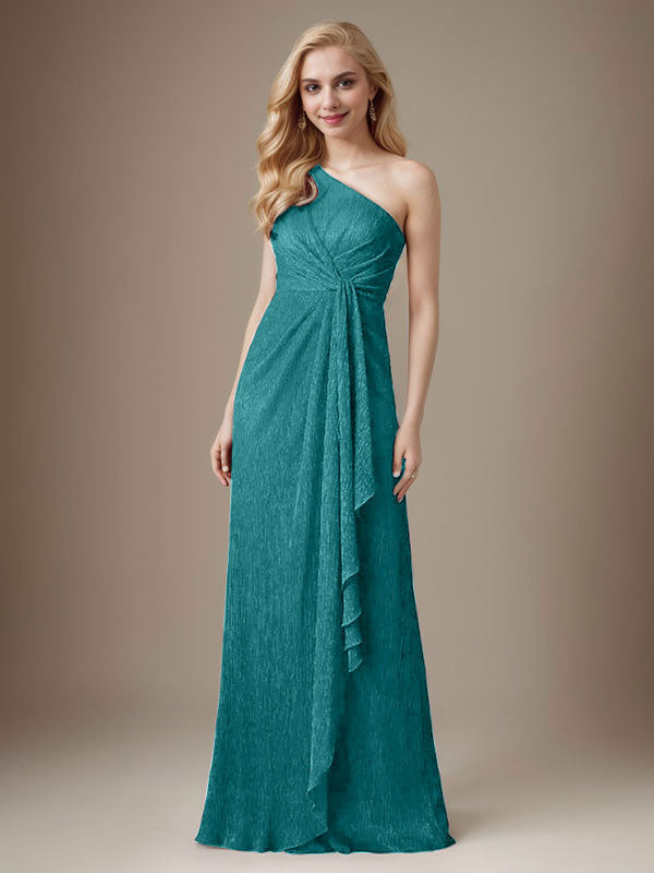 Vestido de madre de la novia con un solo hombro de malla metálica y corte rubí