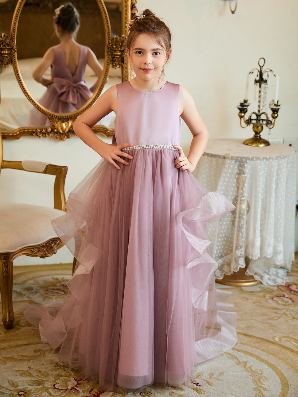 Duchesse-Linie/Princess-Linie Satin Tüll Bodenlang Blumenmädchenkleid 
