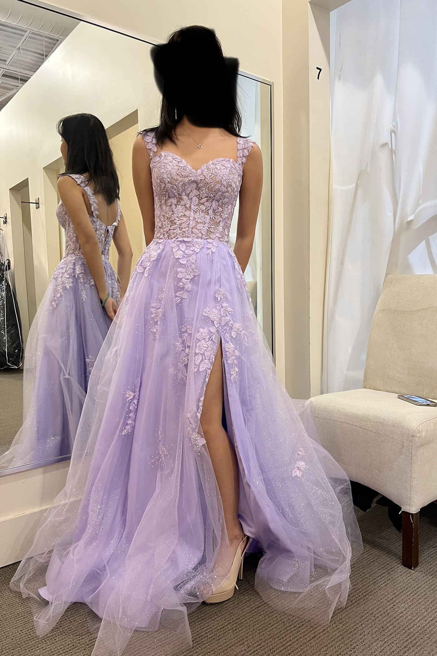 A-line Off The Shoulder with Front Split and Lace Appliques Prom Dress