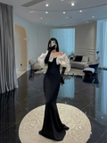 Elegante vestido de noche de sirena negro. Vestido de fiesta negro Y7120.