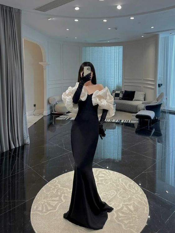 Elegante vestido de noche de sirena negro. Vestido de fiesta negro Y7120.