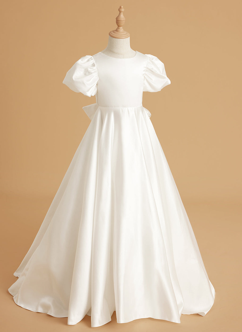 Vestido para niña de las flores con cola larga, mangas abullonadas, lazo en la espalda y botones