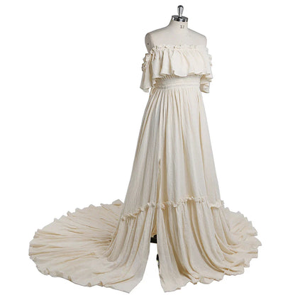 Off The Shoulder White Maternity Dresses for Photo Shoot Adjustable Waist Baby Shower Dress for Photoshoot