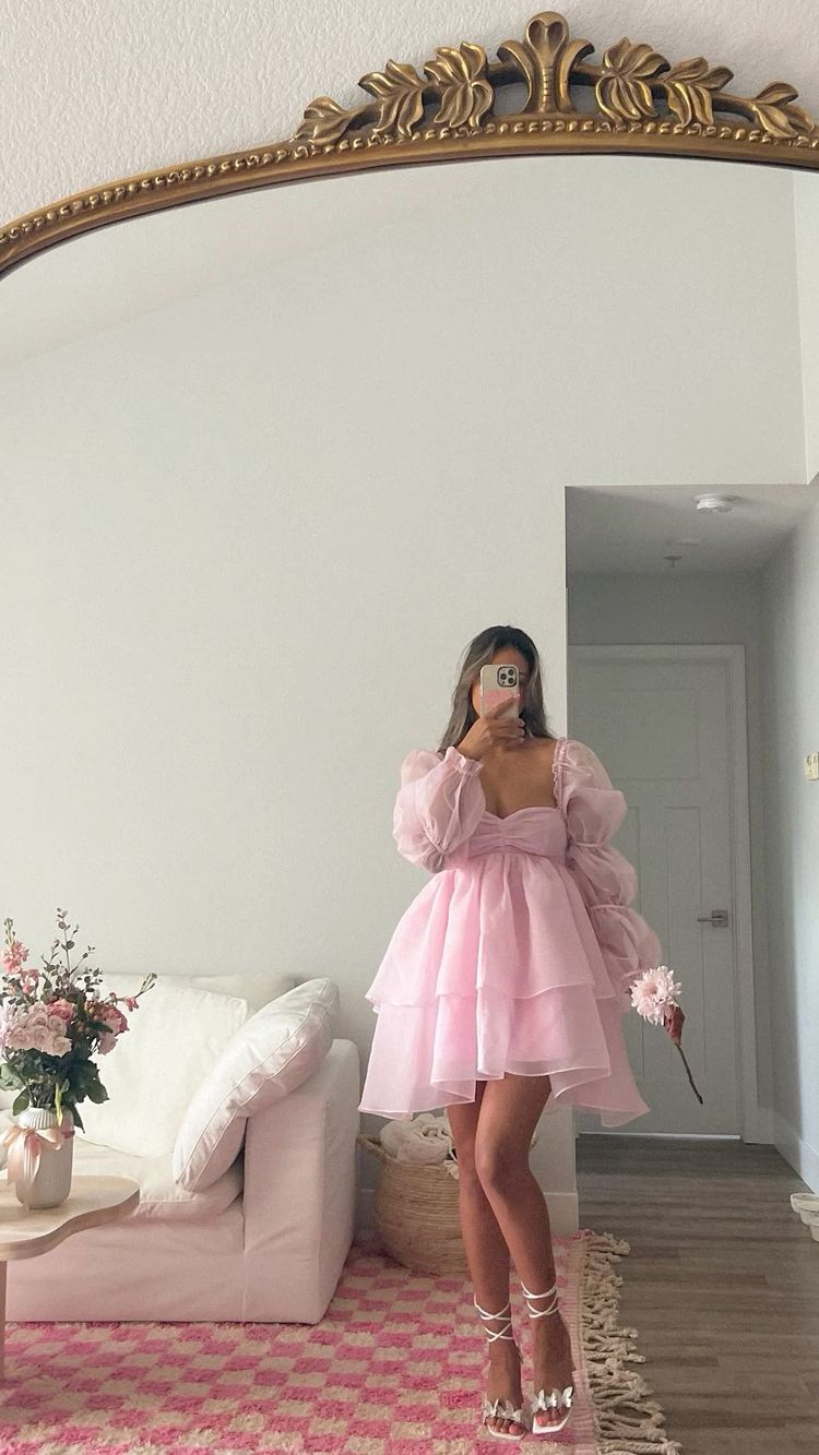 Vestido rosa de corte A y vuelo, vestido rosa de fiesta Y2428
