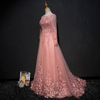 Schickes A-Linien-Abendkleid mit U-Ausschnitt und Bodenlänge, rosa Tüll-Applikationen, Y1177