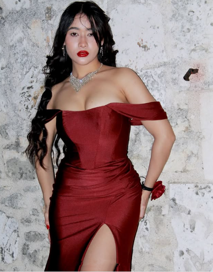 Elegante vestido de noche estilo sirena color burdeos con aberturas laterales, vestido formal de fiesta Y8414