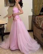 Süßes rosa trägerloses langes Ballkleid mit Schleife, Tüll-Satin-Abendkleid Y8053