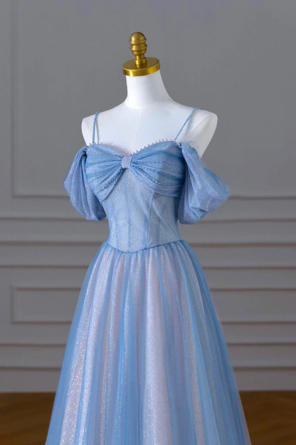 Hermoso vestido de fiesta largo de tul con tirantes finos en azul, corte A, Y4592
