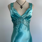 Blue V Neck Satin Sequin Formal Prom Dress Backless Evening Dress Y8548