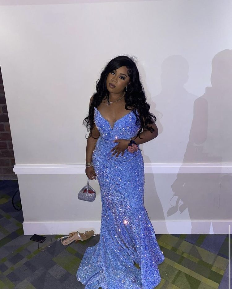 Glitzerndes blaues Pailletten-Meerjungfrau-Abendkleid für schwarze Mädchen Y5115