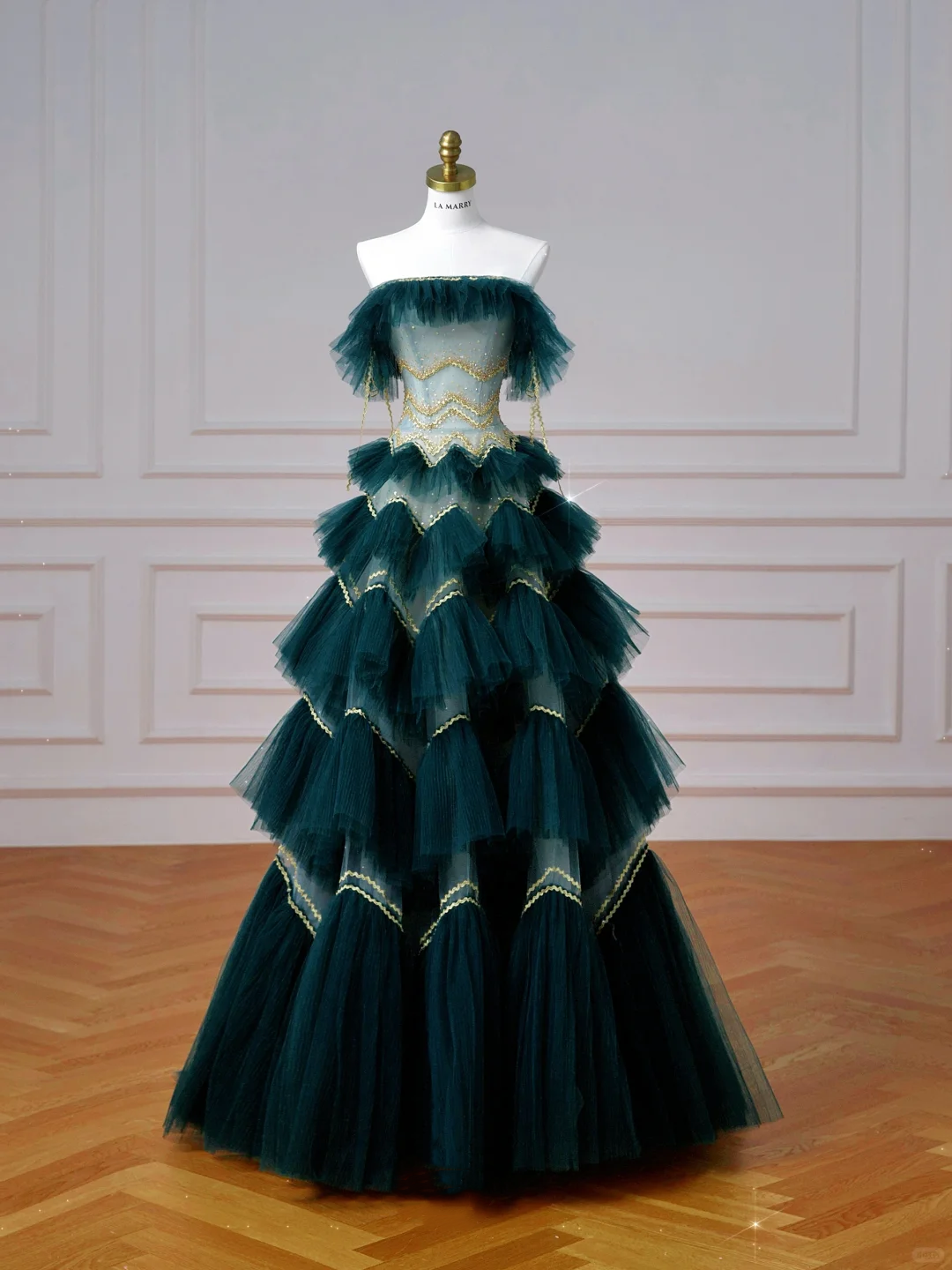 Vintage Dark Green Tulle Sequins Layered A Line Prom Dress Strapless Evening Dress Y8606