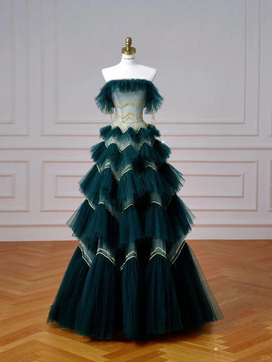 Vintage Dark Green Tulle Sequins Layered A Line Prom Dress Strapless Evening Dress Y8606