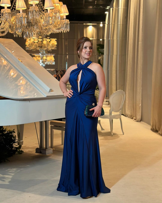 Vestido de noche azul de corte sirena plisado con cuello halter, largo, para fiesta y graduación, Y8475