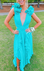 A-line V Neck Ruffles Long Prom Dress Simple Evening Dresses Y4626