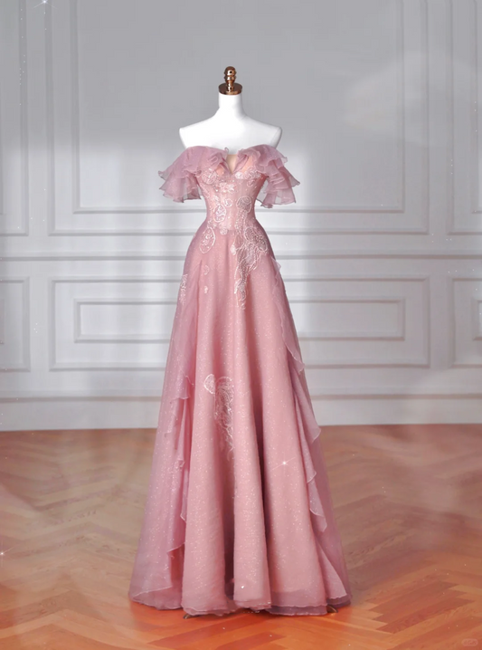 Sweet Pink Tulle Sequins Beaded A Line Prom Dress Off The Shoulder Long Evening Dress Y8643