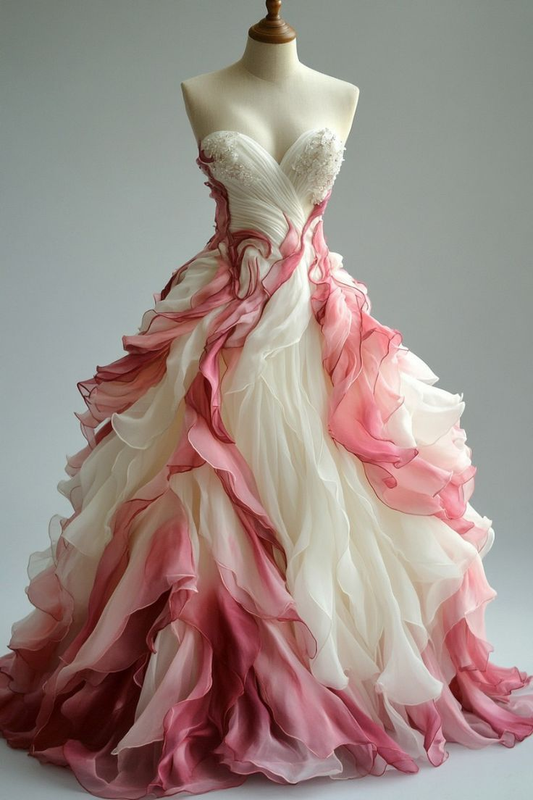 Vintage Chiffon Beaded Long Prom Dress Gradient Pink Ruched Formal Evening Dress Y8523