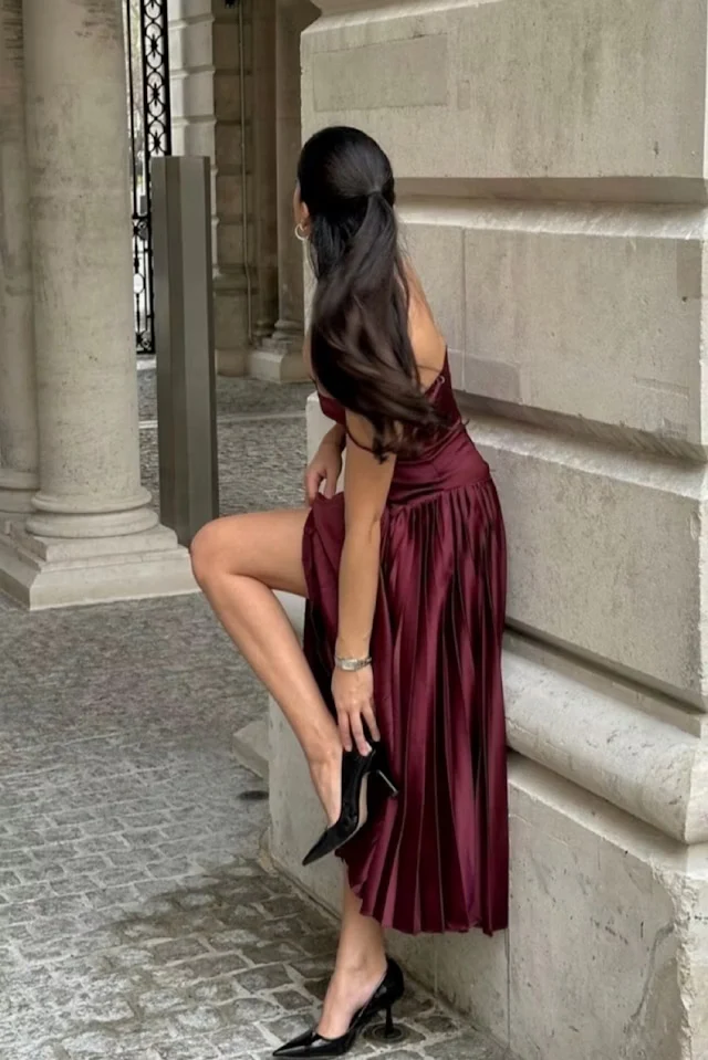 Vintage A-Linie Träger Burgund Satin Langes Ballkleid Abendkleid Y7994
