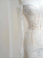 Romantisches weißes Spitzenapplikationen Tüll Pailletten Meerjungfrau Ballkleid Off Shoulder Abendkleid Y8663