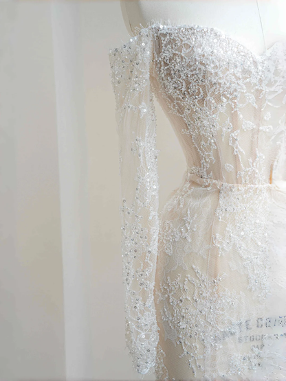 Vestido de fiesta romántico de sirena con apliques de encaje blanco, tul y lentejuelas, hombros descubiertos, Y8663