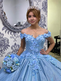 Vestido de fiesta de quinceañera con escote en forma de corazón y apliques florales azules Y6078