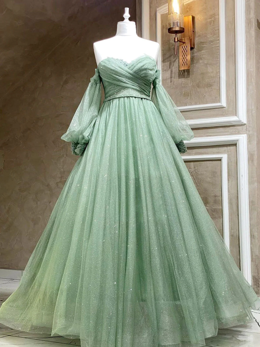 A-Linie Herzausschnitt Tüll Grün Langes Ballkleid, Grünes Abendkleid Y3033