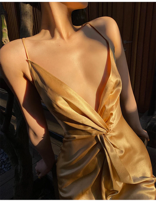 Sexy Neckholder V-Ausschnitt Partykleid Champagner Gold Abschlussball Abendkleid Y8211