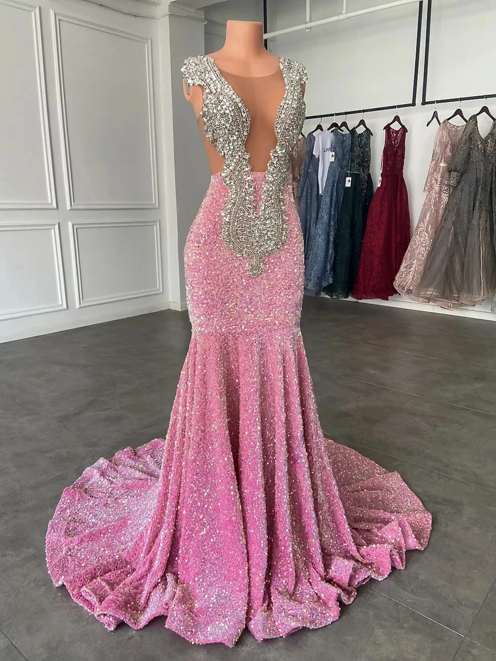 Vestidos de fiesta rosas brillantes, sexy vestido de noche rosa sirena con lentejuelas Y477