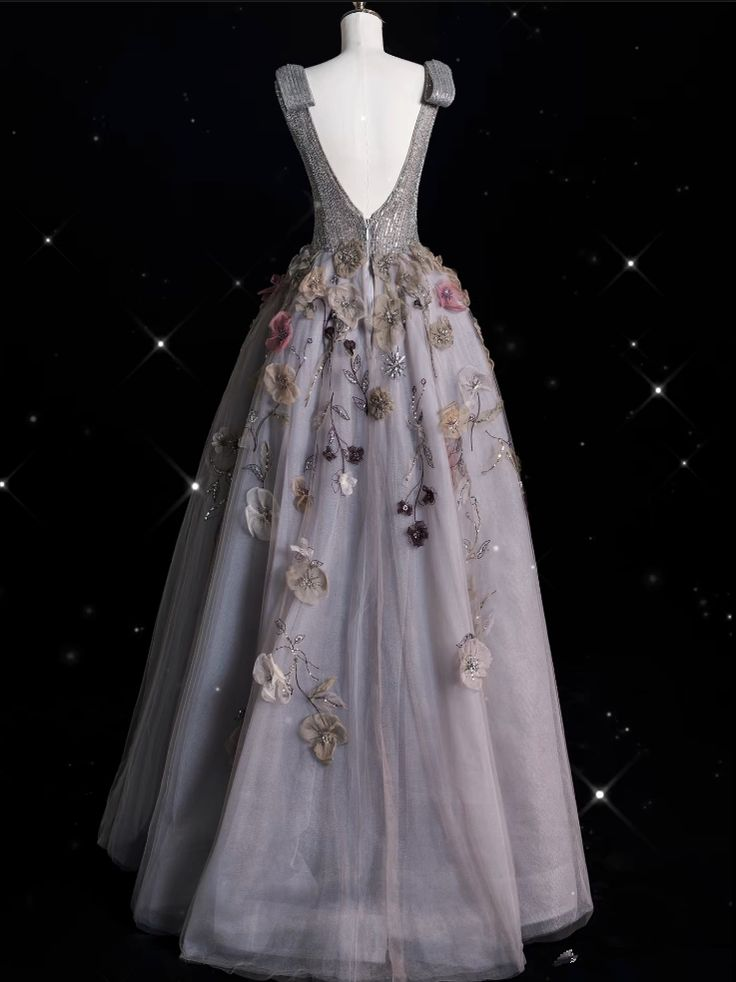 Vestido de noche largo con escote en V y tul gris floral Y7953