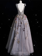 Vestido de noche largo con escote en V y tul gris floral Y7953