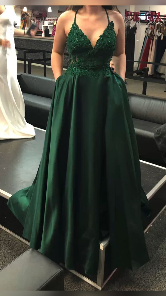Vestido de noche verde oscuro con escote en V y bolsillos, corte A, Y5738