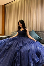 Vestido largo de fiesta de tul azul marino con escote en V brillante, vestidos de noche formales azul marino largos Y4895