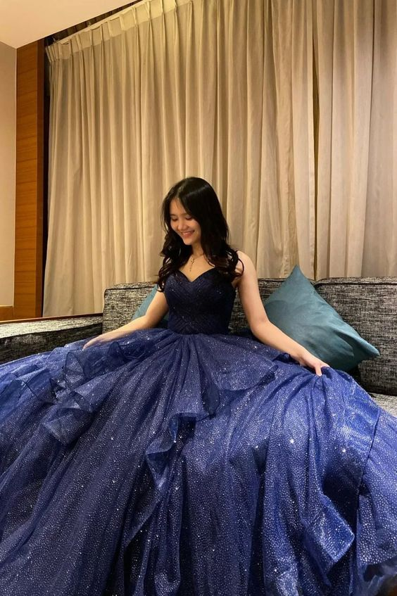 Vestido largo de fiesta de tul azul marino con escote en V brillante, vestidos de noche formales azul marino largos Y4895
