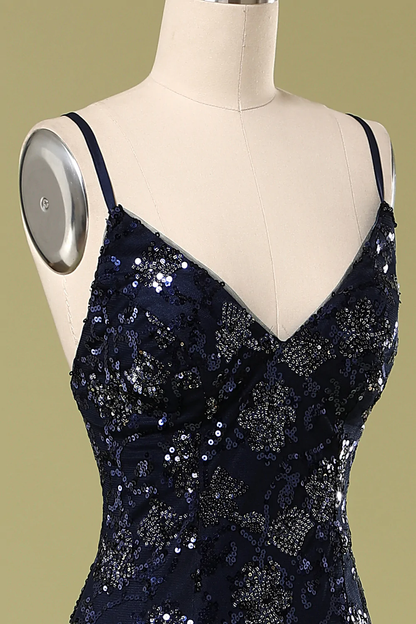 Marineblaues Abendkleid mit Perlen und Pailletten, schickes Ballkleid Y1832